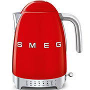 Smeg | Temp Kettle - Red: Retro-styled 1.7L electric kettle with chrome handle, temperature-selection scale, gentle lid opening, and 360° swivel base for easy use.