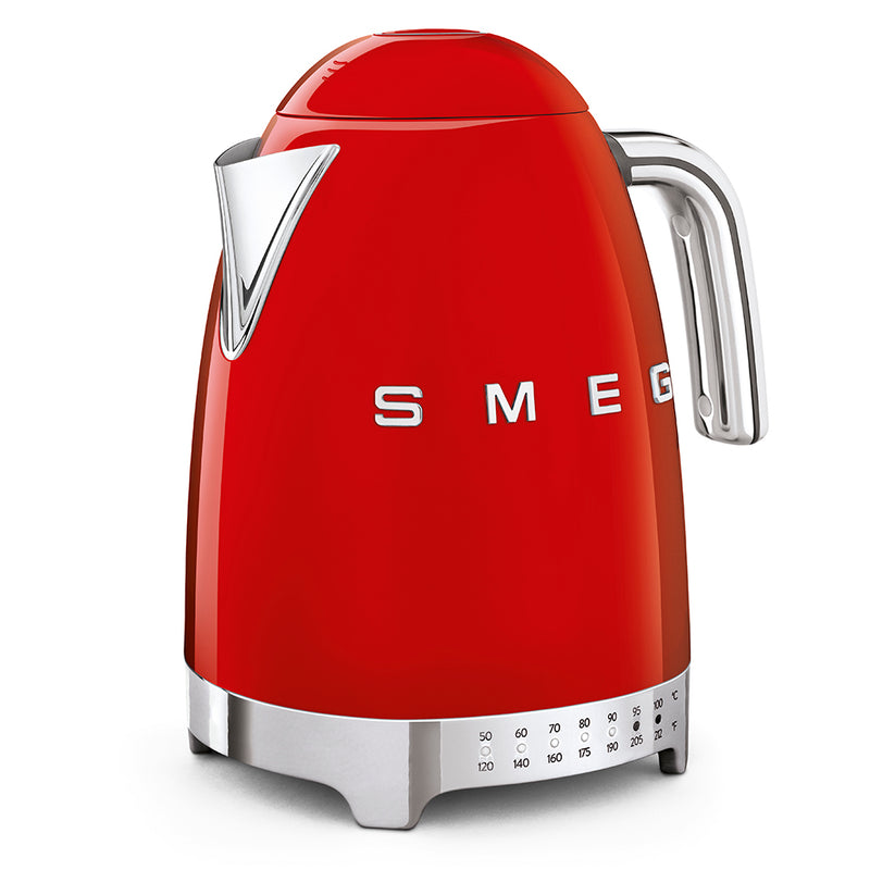 Smeg | Temp Kettle - Red: Retro-style electric kettle with chrome handle, 1.7L capacity, 7 temperature settings, soft-opening lid, and 360° swivel base.