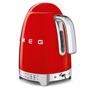 Smeg | Temp Kettle - Red: Retro electric kettle with chrome handle, temperature scale, water-level gauge, and 360° swivel base for easy use.