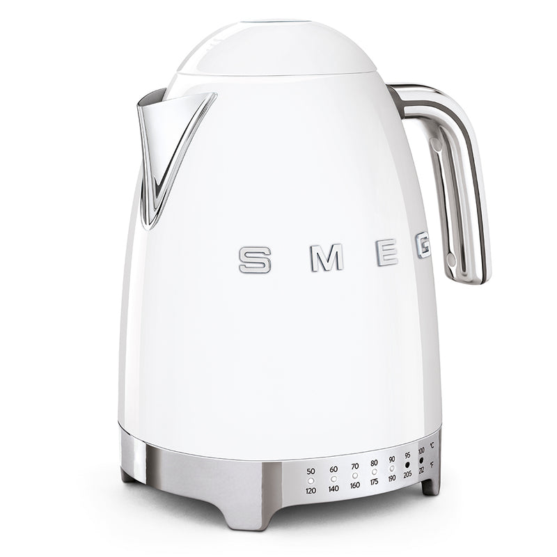 Smeg | Temp Kettle - White: Retro-style 1.7L electric kettle with chrome accents, temperature gauge, and removable limescale filter, ideal for precise brewing in stylish kitchens.