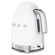Smeg | Temp Kettle - White: Retro-styled electric kettle with chrome accents, temperature settings, water-level gauge, and safety features, ideal for tea and coffee brewing.