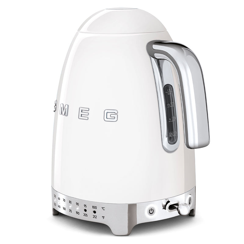 Smeg | Temp Kettle - White: Retro-styled electric kettle with chrome accents, temperature settings, water-level gauge, and safety features, ideal for tea and coffee brewing.