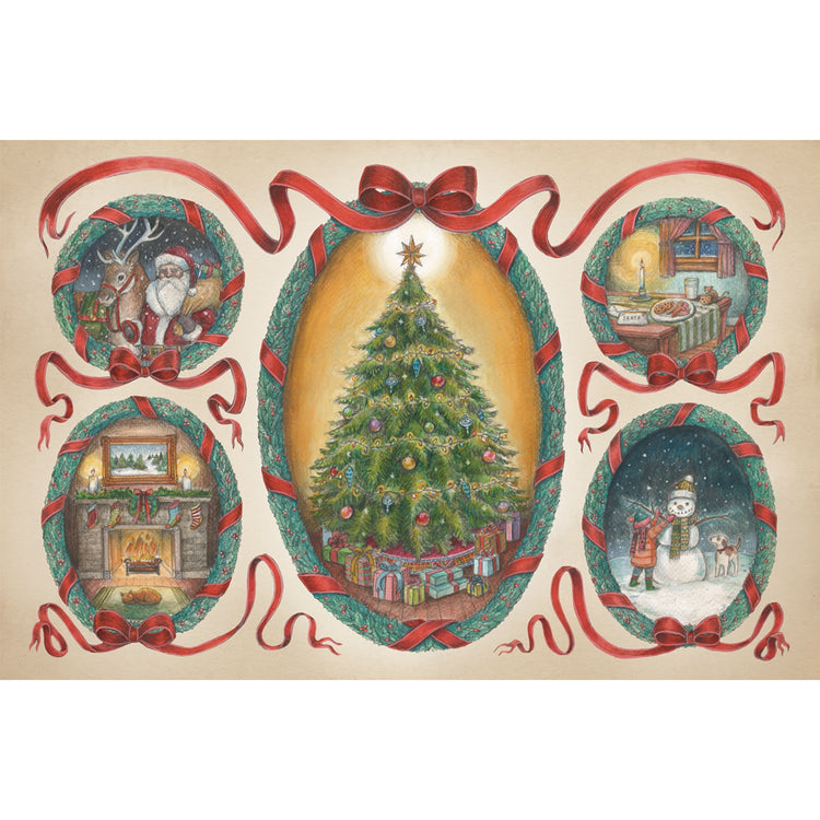 Vintage Christmas Tree Placemat by Hester & Cook featuring a festive setting with a Christmas tree, presents, and a cozy fireplace.