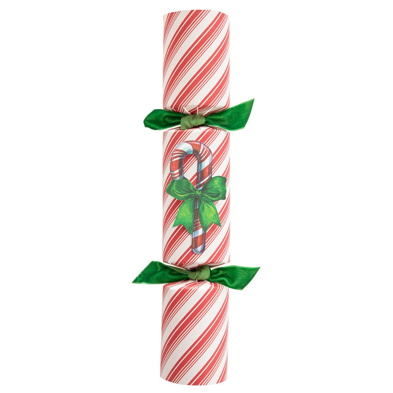 Hester & Cook Christmas Crackers - Candy Cane, festive party favors with surprises like a honeycomb ball, confetti, gold crown, and conversation card, perfect for holiday gatherings.