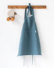 MagicLinen Kid's Linen Apron for ages 7-10, perfect for kitchen or craft activities, unisex design, shown in gray blue, available at Athens Cooks.