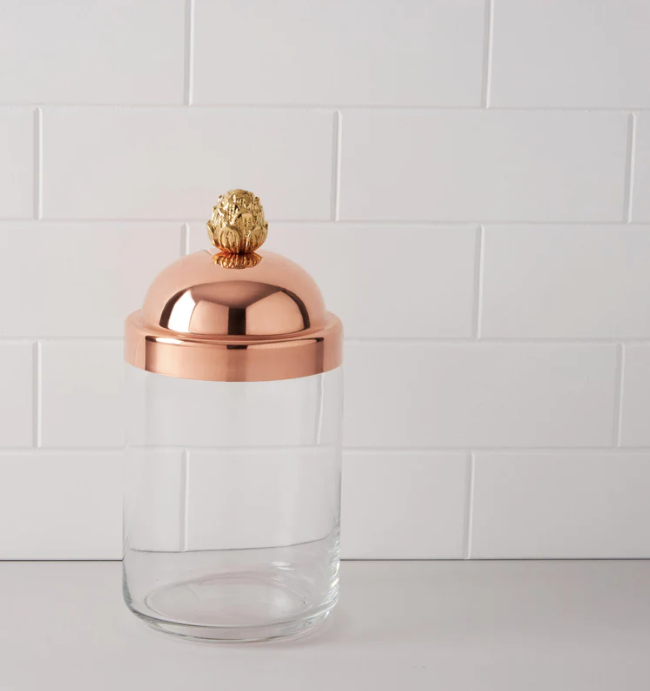Ruffoni Kitchen Jars - Medium; glass jar with a gold top, ideal for storing grains, featuring an elegant design with Italian charm, enhancing countertop aesthetics.