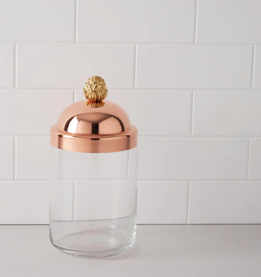 Ruffoni Kitchen Jars - Medium; glass jar with a gold top, ideal for storing grains, featuring an elegant design with Italian charm, enhancing countertop aesthetics.