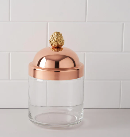 Ruffoni | Kitchen Jars - Small: A glass jar with a copper lid and artichoke-shaped knob, ideal for storing kitchen essentials like coffee or sugar.