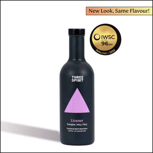 Three Spirit Botanical Social Elixirs, Livener: Matte black bottle with vibrant label, showcasing an energizing spirit alternative, IWSC gold seal, and New Look, Same Flavour! banner.