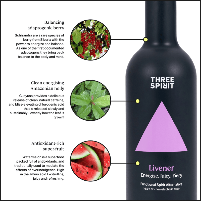 Three Spirit | Botanical Social Elixirs, Livener: Non-alcoholic spirit with adaptogenic berry, Amazonian holly, and watermelon. Energizing and antioxidant-rich, perfect for alcohol-free refreshment.
