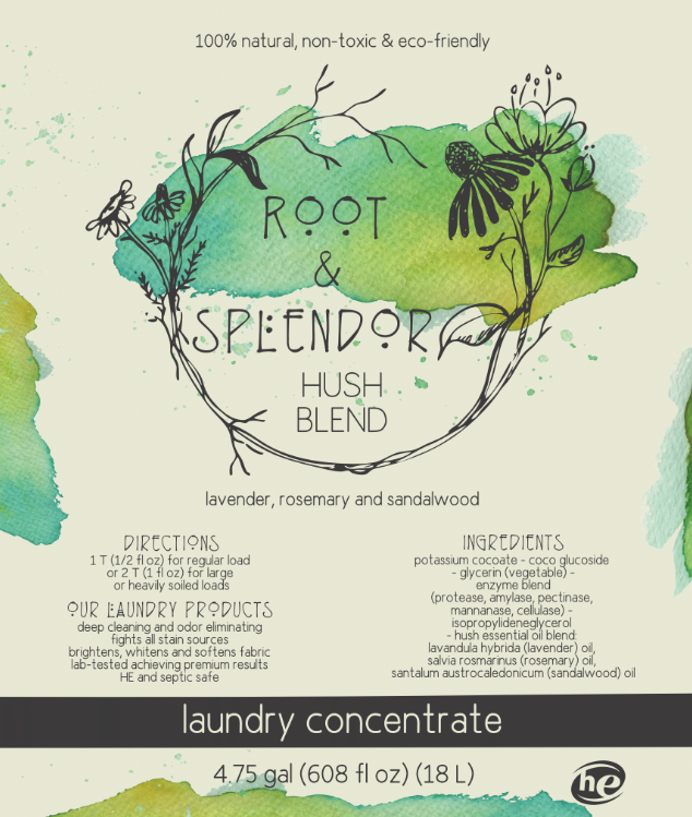 Root & Splendor Laundry Soap Concentrate, Hush Blend; eco-friendly, natural detergent with lavender, rosemary, sandalwood scent; 4.75 gal, HE safe, Athens Cooks.