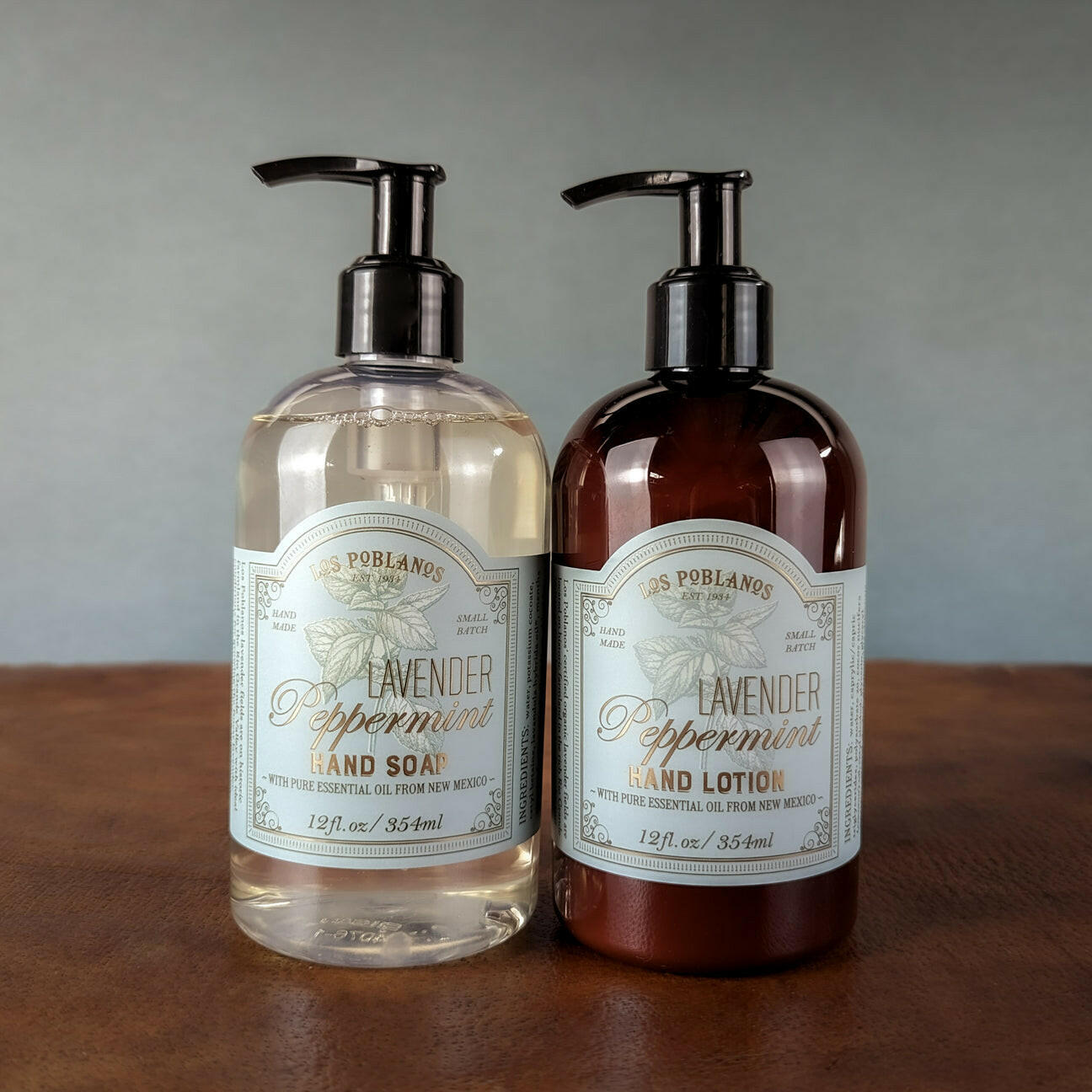 Los Poblanos | Lavender Home Duos - Lavender Peppermint gift set with hand soap and lotion, ideal for kitchen or bathroom, featuring organic lavender essential oil.