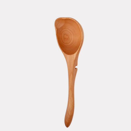 Hand-carved cherry wood ladle with a shallow bowl and long handle from Jonathan's Spoons, featuring a notch for pot resting.