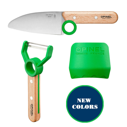 Opinel | Le Petit Chef 3pc Knife Set - Navy featuring a chef’s knife, Y-peeler, and finger guard with educational features for safe cooking practices.