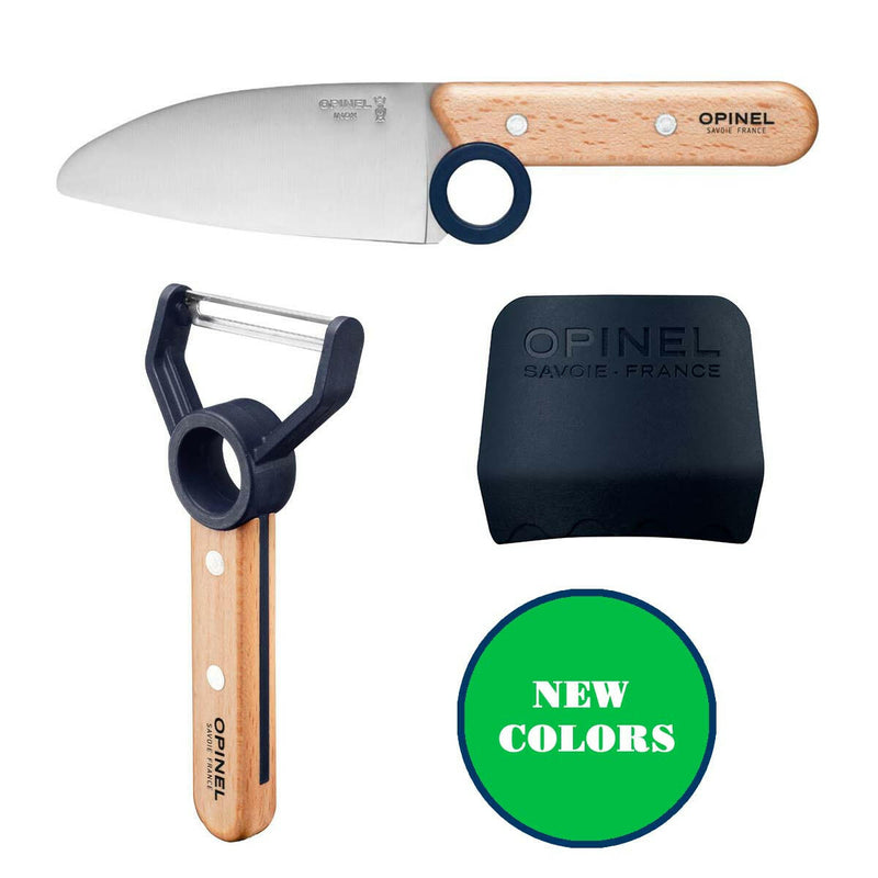 Opinel | Le Petit Chef 3pc Knife Set - Navy, featuring a child-friendly chef’s knife, peeler, and knife guard, designed for safe cooking education.