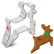 Ann Clark | Holiday Cookie Cutters - Ugly Sweater, 2.75 x 4.25, shown with deer-shaped cookie and dog-shaped cutter, ideal for creative baking.