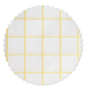 Lemon Chiffon Original Flat Plate Liners feature a white and yellow plaid pattern, perfect for adding a cheerful touch to any table setting.