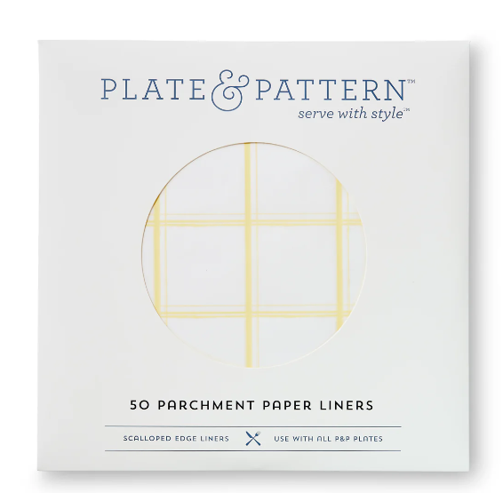 Plate & Pattern Lemon Chiffon Original Flat Plate Liners, featuring a yellow plaid design on compostable paper, perfect for enhancing table settings with durability and style.