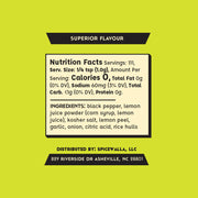 Spicewalla | Lemon Pepper Seasoning label showing nutrition facts and ingredients, highlighting its zero-calorie, zesty blend of black pepper and lemon, perfect for enhancing various dishes.