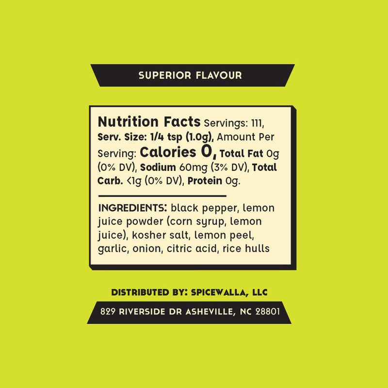Spicewalla | Lemon Pepper Seasoning label showing nutrition facts and ingredients, highlighting its zero-calorie, zesty blend of black pepper and lemon, perfect for enhancing various dishes.