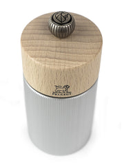 Peugeot | Line Pepper Mill Aluminum + Beechwood, Natural, 4.75 Inches, featuring a beech-wood cap, adjustable knob, and striated aluminum body, displaying Peugeot’s lion logo.