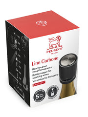 Peugeot | Line Sparkling Wine Stopper retail box, featuring a secure-lock mechanism for preserving the flavors and sparkle of champagne and sparkling wines.
