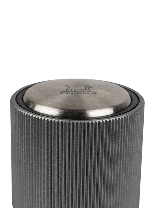 Peugeot BULK DISPLAY Line Bottle Stopper - Carbon, featuring a sleek silver metal cylinder design with close-up logo detail, ideal for enhancing your barware collection.