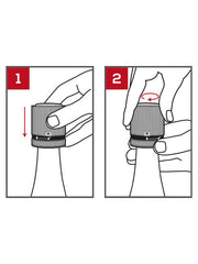 Diagram showing how to open the Peugeot | Line Sparkling Wine Stopper: press down and twist counterclockwise. Preserves champagne freshness with airtight seal and sleek design.