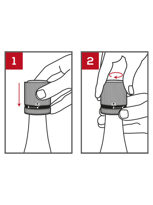 Diagram showing how to open the Peugeot | Line Sparkling Wine Stopper: press down and twist counterclockwise. Preserves champagne freshness with airtight seal and sleek design.