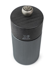 Peugeot | Line Pepper Mill, Aluminum + Beechwood, Carbon Finish, 7 inches, featuring a ribbed body and smooth top with Peugeot emblem knob for adjustable grinding.