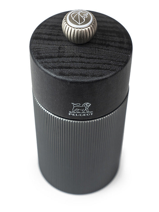 Peugeot Line Salt Mill, 4.75 inches, with an aluminum body and beechwood top, featuring an adjustable grind setting knob.