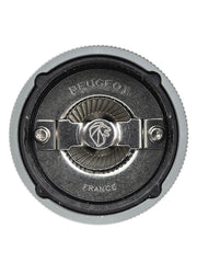 Close-up of the Peugeot | Line Salt Mill Aluminum + Beechwood, Carbon, highlighting the steel burr mechanism, embossed with “Peugeot” and “France,” showcasing precision grind adjustment.