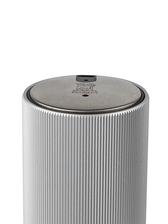 Peugeot | Line Reverse Corkscrew, Aluminum: Sleek, rechargeable electric corkscrew with automatic cork extraction and smart ejection, featuring the iconic Peugeot lion logo on top.