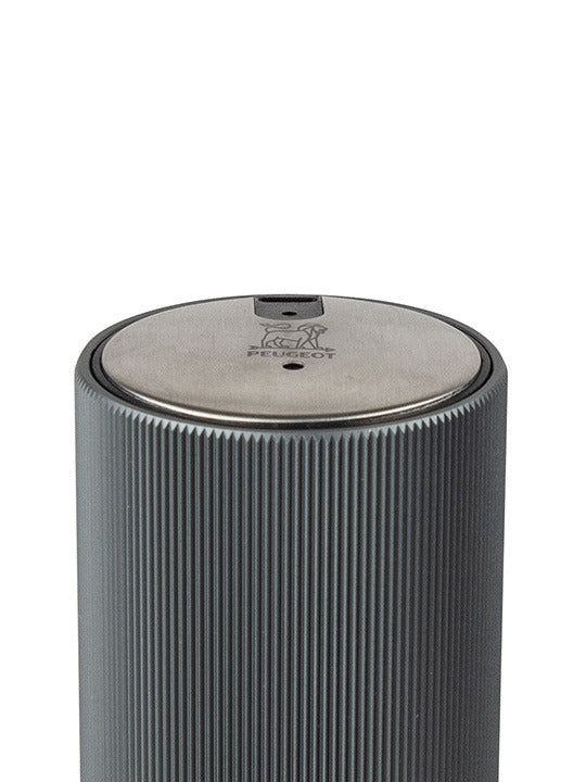 Peugeot | Line Reverse Corkscrew, Carbon, featuring a Peugeot lion logo on its stainless-steel top. A sleek, rechargeable electric corkscrew with contemporary design.