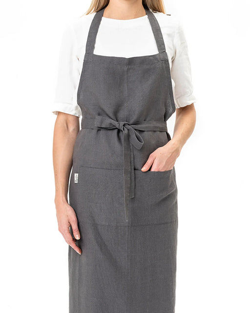 MagicLinen | Linen Bib Aprons - Forest Green, featuring a durable, stone-washed linen design, ideal for cooking or gardening, offering a unisex fit from XS to XL.
