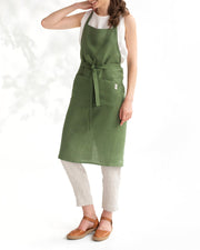 MagicLinen | Linen Bib Aprons - Forest Green, showcasing a durable, stone-washed linen apron designed for cooking and gardening, suitable for all sizes from XS to XL.