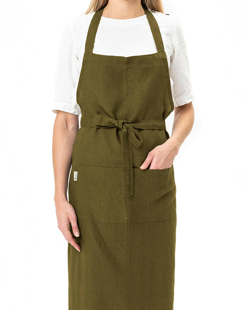 MagicLinen | Linen Bib Aprons - Forest Green: Durable, stone-washed linen apron with unisex fit, perfect for cooking and gardening enthusiasts, available at Athens Cooks.