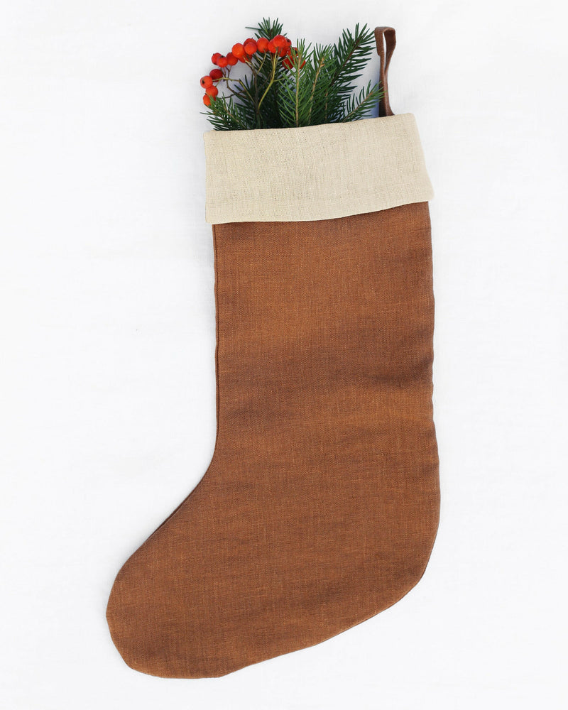MagicLinen | Linen Christmas Stockings - Clay Red, handcrafted from sustainable linen, featuring a double layer and loop for hanging, ideal for eco-friendly holiday decor.
