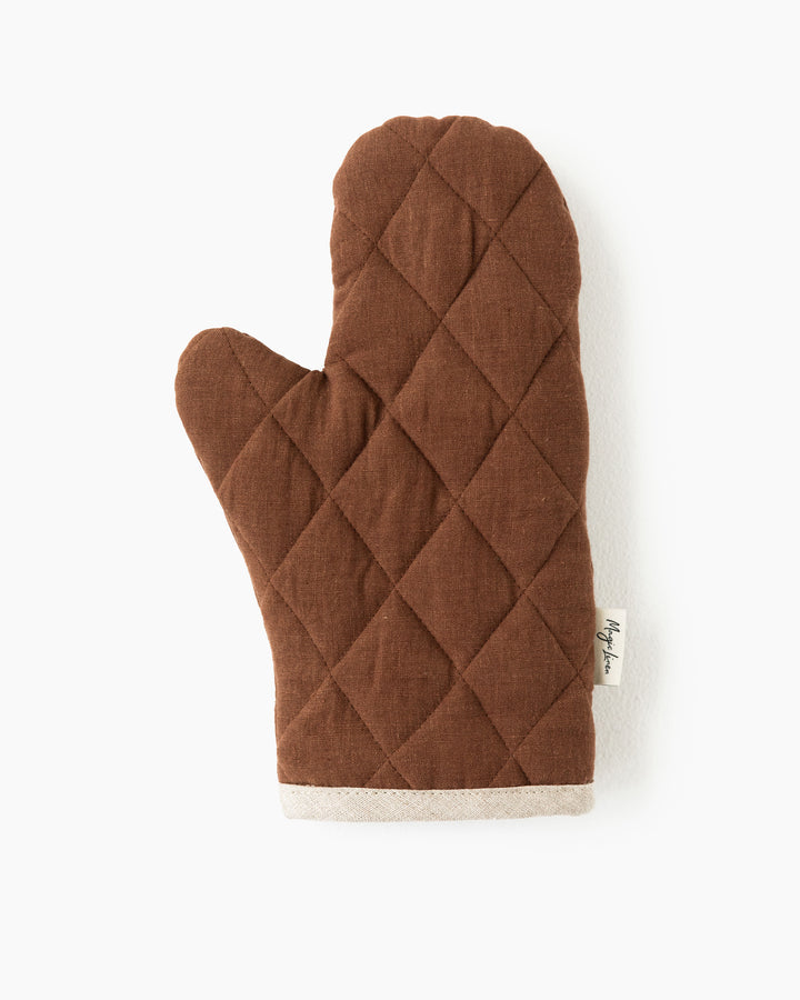 MagicLinen linen oven mitt in quilted chocolate brown, designed for heat insulation and durability, essential for safe cooking and baking in any kitchen.