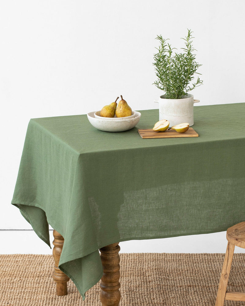 MagicLinen tablecloth, 59 x 98, showcasing a simple seam finish, ideal for enhancing diverse dining settings at Athens Cooks, a kitchen specialty store.