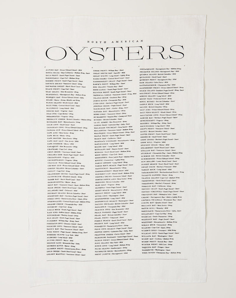 Sir|Madam Linen Tea Towels - North American Oysters, showcasing black ink illustrations and text on pure linen, ideal for drying delicate kitchenware.