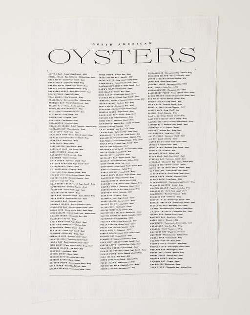 Sir|Madam Linen Tea Towels - North American Oysters, showcasing black ink illustrations and text on pure linen, ideal for drying delicate kitchenware.