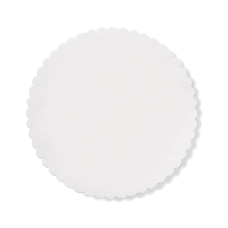 Plate & Pattern | Classic White Original Flat Plate Liners featuring a circular design with scalloped edges, perfect for enhancing table settings.
