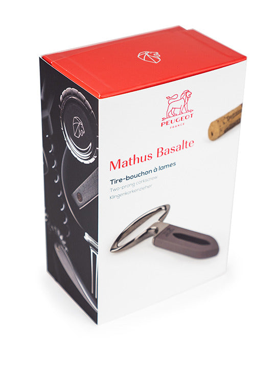 Peugeot Mathus Two-Prong Cork Puller, Basalte Grey, in protective packaging, ideal for safely extracting brittle corks from aging wine bottles.