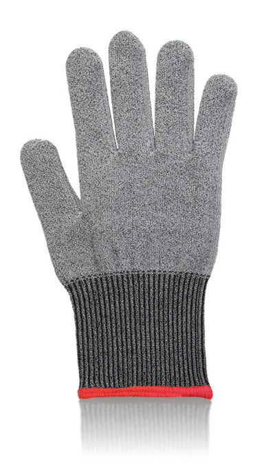Microplane | Cut Resistant Kitchen Safety Gloves: A gray, cut-resistant glove with red-trimmed cuff, ideal for safe slicing and dicing in kitchens or light industrial use.