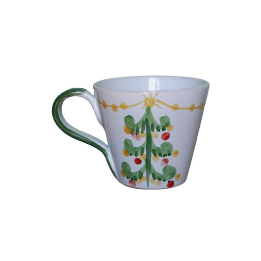 La Gabbianella | Magia, Mug, Green Tree: A handmade Italian ceramic mug with a green handle, featuring a hand-painted Christmas tree and the inscription “Buongiorno Mamma.”