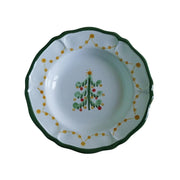 La Gabbianella | MAGIA, Pasta Bowl in green, features a scalloped edge, a decorative Christmas tree center, and a yellow-dot garland rim, handmade in Italy.
