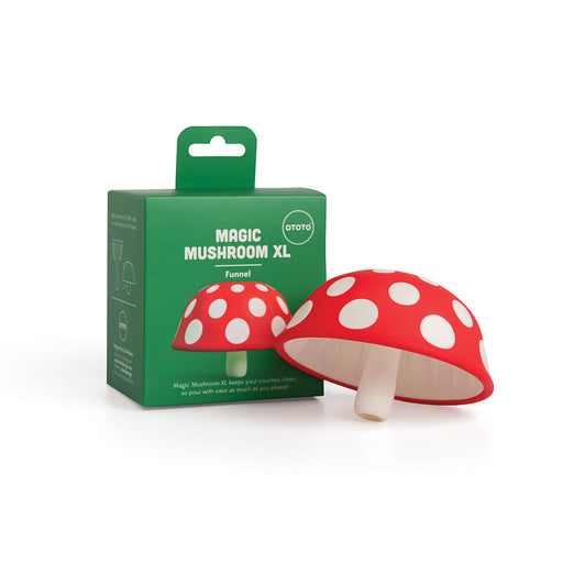 OTOTO | Magic Mushroom Funnels - XL: A whimsical, red and white mushroom-shaped silicone funnel designed for easy liquid transfer, perfect for kitchen enthusiasts.