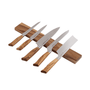 Messermeister Acacia Magnetic Knife Rack with five kitchen knives displayed; stainless-steel blades, olive-wood handles, on a stylish acacia wood magnetic strip.