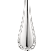 Christofle | 5-Piece Place Setting Malmaison Silver Plated features a teardrop-shaped silver handle with beaded edges and scrollwork, embodying elegant, historic design.